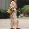 Johnature Femmes Style Chinois Ramie Robes O-Cou Sept Manches Printemps Imprimer Floral Femme Bouton Vintage Maxi Robe 210521