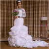 Appliques Lace Pleat Mermaid Wedding Dresses Simple Full Sleeve O-neck Zipper Organza african Bridal Gown vestido de noiva