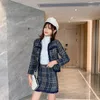 England Plaid Woolen Tweed 2 Women Fringed Trims Short Jacket Coat + Pencil Mini Skirt Set Ladies Two Piece Outfits 210416