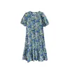 Summer Cotton Floral Dress Women Casual Puff Sleeve Loose V-neck Drawstring Knee-length CRRIFLZ 210520