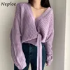 Chic Drawstring Hit Color Sweater Kvinnor Söt Varm All-Match V-Neck Pullover Höst Sexig Slank Midja Femme Toppar 210422