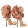 2021 Lady Satin som täcker läder Sexiga damer 9,5 cm High Heel Sandals Shoes Spets Net 3D Flower Diamond Open Toe One-Line Buckle Wedding Party Size 34-42 Naken