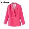 Aachoee Chic Double Breasted Rose Blazer Mulheres Desgaste de Escritório de Manga Longa Jaqueta Comercado Colarinho Casual Outwear Casaco Ladies Tops 210413