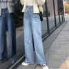 Herfst hoge taille wide been denim jeans broek vrouwen zakken knoppen vliegen rechte broek casual mode solide 210513