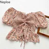 Neploe Blusas de Mujer Summer Fashion Shirt Off-Shoulder Slash Neck Ruffles Drawstring Blouse Slim Floral Chiffon Crop Tops 210422