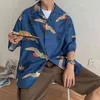 IIDOSSAN 일본가복 하라주쿠 셔츠 남성 힙합 대형 Grus japonensis 인쇄 셔츠 짧은 소매 캐주얼 탑 210705