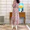 Vintage Floral Print Boho Long Chiffon Dress Sleeve V-neck High Waist Korean Style Elegant Casual Beach Robe Ete Femme 210514