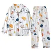 Mulheres de manga comprida de malha feminina dois pedaço conjunto pijamas para o verão e outono algodão solto estilo impressão 211215