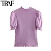 TRAF Women Fashion With Buttons Smocked Elastic Cropped Knitted Sweater Puff Sleeve Ruffled Female Pullovers Chic Tops 210415