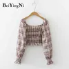 Kobieta Przycięte Topy Plaid Retro Z Długim Rękawem Wiosna Jesień Sexy Koszule Kobieta Elastyczna Koreański Blusas Mujer Moda Bluzka 210506