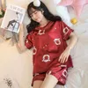 Zomer cool dames pyjama sets met bloem print mode luxe vrouwelijke faux zijde twee stukken shirts + broek nachten nachtkleding 210421