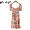 Fruit Print Prairie Chic Sundress Women Sexy Square Neck Puff Sleeve A-line Holiday Casual Summer Dress Short Vestido 210430