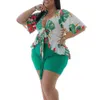 Plus Size Kobiety Letnie Dresy Koszulka Szorty 2 Sztuk Stroje Piżama Jogger Suit Lace Up Wzburzyć Krótki Rękaw Garnitury Flora Drukowana Odzież Damska L-4XL