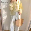 Bornsra Stylish 100％デニムジャケット女性春シングルブレストポケットunitwears黄色いコートジーンズ