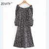 Kvinnor Agaric Lace Ruffles Up Printing Casual Midi Dress Kvinna Puff Sleeve Split Vestido Chic Brand Dresses DS4448 210420