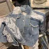 Streetwear encaje Patchwork Jean agujero chaqueta vaquera abrigo mujer de gran tamaño manga larga perspectiva flor bordado abrigo suelto 210416