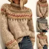 Jocoo Jolee Women Winter Vintage Indie Folk Style Turtleneck Print Loose Sweater Elegant Harajuku Striped Knitting Tops Jumpers 210518