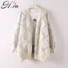 Maglione e cardigan caldi da donna con scollo a V manica successiva giacca in maglia geometrica cappotto primaverile poncho lungo Femme 210430