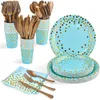 Vaisselle jetable bleu or fête fournitures assiettes en papier serviettes tasse plastique fourchettes cuillère pour noël bébé douche