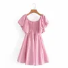 Mulheres Uma Palavra Coleira Rosa Vestido Vintage Cintura Temperamento Sexy Backless Lotus Manga Chique Feminino Mini Vestidos 210507