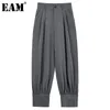 [EAM] 높은 탄성 허리 큰 크기 Pleated Harem 바지 느슨한 맞는 바지 여성 패션 봄 가을 1DD6322 21512