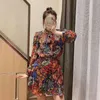 Fall Red Floral Woman Dress Print Ruched Mini Women Long Sleeve Elastic Waist Bow Belt Ladies Office es 210430