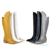 6 färg faux läder plus storlek chunky klackar spetsiga tå västra långa knä höga stövlar gula blå kvinnors skor