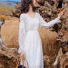 Letnie kobiety Maxi Party Sundress Vintage Rękaw White Lace Powołanie Tunika Długa Plażowa Dress 210415
