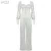 Winter Dames Wit Lange Mouwen Jumpsuits Sexy Kant Volledige Broek Knoppen Club Celebrity Bodysuits 210423