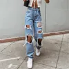 Mulheres botão alto cintura bolso elástico buraco jeans calças soltas denim calças diárias casuais de alta qualidade confortável jeans femme