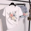 Mujeres bordado flor apliques algodón camisetas + pantalones vaqueros cortos trajes verano casual camiseta pantalones cortos de mezclilla conjuntos niñas estudiantes 210416