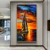 現代風景壁装飾キャンバス絵画リビングルームボート海洋日没レッドスカイ油絵北欧家の装飾
