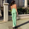 Summer 2 Piece Set Women Paisley Satin Crop Top Y2K Green Flare Pants Sets Sexy Hollow Out Halter Camis Trousers Streetwear 211105