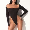 Noir Off Épaule Sexy Body Femmes Manches Longues Slash Boutons Moulante Barboteuses Femmes Combinaison Solide Summer Body Suit 210518