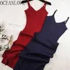 Koreanska sexiga klänningar kvinnor v nacke solid stickad sommar höst vestidos stretch bodycon klänning kläder 18092 210415