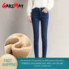 Czarne Ciepłe Dżinsy Dla Kobiet Z Polar High Paisted Denim Skninny Kobiet Stretch Plus Size Mom Winter Women's Femme 210428