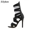 Eilyken Autumn Fashion Fluorescent green Stretch Fabric Zipper Women Sandals Peep Toe High Heels Hollow Out Ankle Boots Sandals 210624