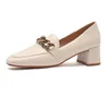 Jurk schoenen vrouwen hakken hoge kwaliteit merk ontwerp gouden ketting vierkante hiel loafers vrouwelijke effen zwarte beige slip op comfortabel leer