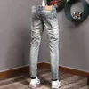 Итальянский стиль моды мужские джинсы ретро серый синий тонкий разорванный разрушенный лоскутный дизайнер винтажные повседневные джинсовые брюки Enpj