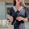 Plus size Summer Girls Boho Party Female Vintage Dress Blue buttons collar Short Sleeve Women Dresses Long Robe Vestido 210417