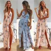 Boho Summer Elegant Floral Halter V Neck Long Dress Women Sexig Bandage Evening Party Dresses Sundress Beach Dress X0705