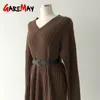 Herbst Winter Stricken Langes Kleid Frauen Casual V-ausschnitt Hülse Club Knie Länge mit Gürtel Elegante Solide Midi Pullover 210428