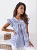 Women's Blouses & Shirts Summer Short Sleeve Tops O-neck Striped And Dot Print Ruffle Patchwork Button Casual Loose Butterfly Women Top