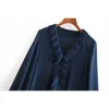 Винтажные шикарные женщины темно-синие оборки на шнуровке мазки шифон блузка элегантный V-образным вырезом рубашки повседневная Blusas Mujer 210531