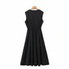 Aelegantmis Black V Neck Cross Sleeveless Party Dresses Women Solid Elegant Empire Waist Dress Summer Simple Fashion Vestidos 210607