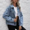 Kvinnors Jackor Ladies Vintage Lapel Knapp Ned Långärmad Ficka Distressed Oversize Denim Jean Jacket Teen Girls Coat