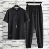 Letnia Pościel Mężczyźni Zestaw Chiński Styl Cienki Oddychający Sportowa Sportowa Krótki Rękaw Tshirt Casual Dres Mężczyźni Slim Jogger Soc Garnitury 210722