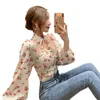 WOMENGAGA Primavera Coreano Donne Mature Stampa Floreale Lanterna Manica Corta Camicia Sottile Top Camicetta Top Dolce Ragazza Femminile A7T 210603