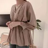 Plus Size Slim manica lunga donna camicetta autunno coreano scollo a V Draw Back camicia cotone lino vintage Blusas 10101 210512