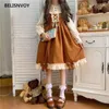 Japanese Ropa De Mujer Costumes Kawaii Lolita Cosplay Dress Sweet Soft Girl Bow Long Sleeve Cute Ruffles Brown Striped Dresses 210520